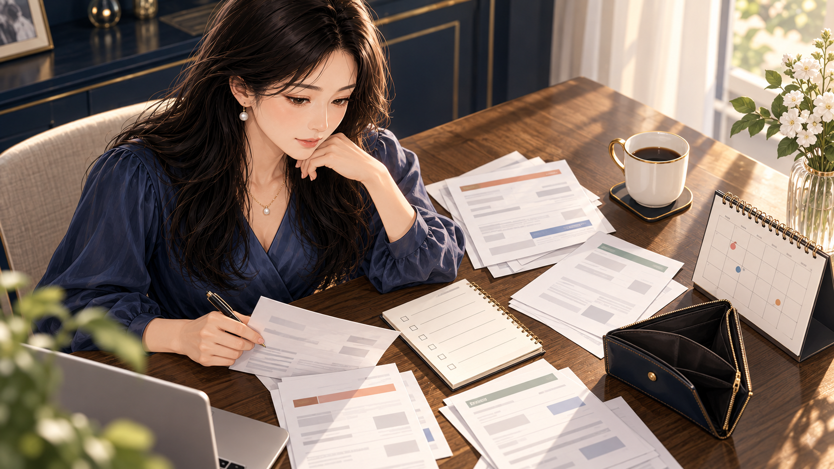 請求書と空の財布を前に今日のお金を整理するmizuki
